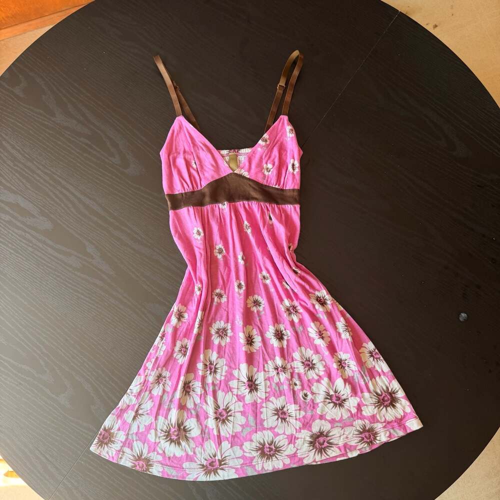 Lush Pink Floral Babydoll Sundress with Brown Contrast Trim